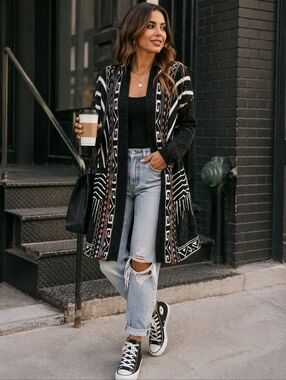 Model France Tribal Print Cardigan | Open Front Boho Sweater | Size M/L